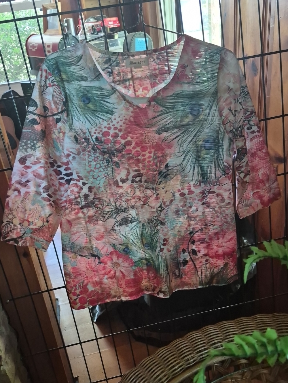 Blue Rain V-Neck Floral & Peacock Feather Print Tunic in Multi